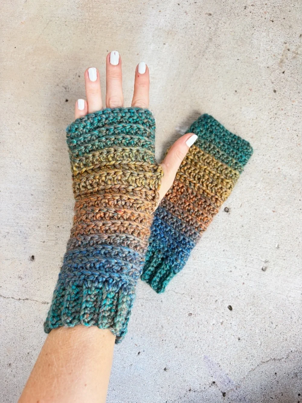 Handmade Crocheted Fingerless Gloves in Teal, Orange, and Gold